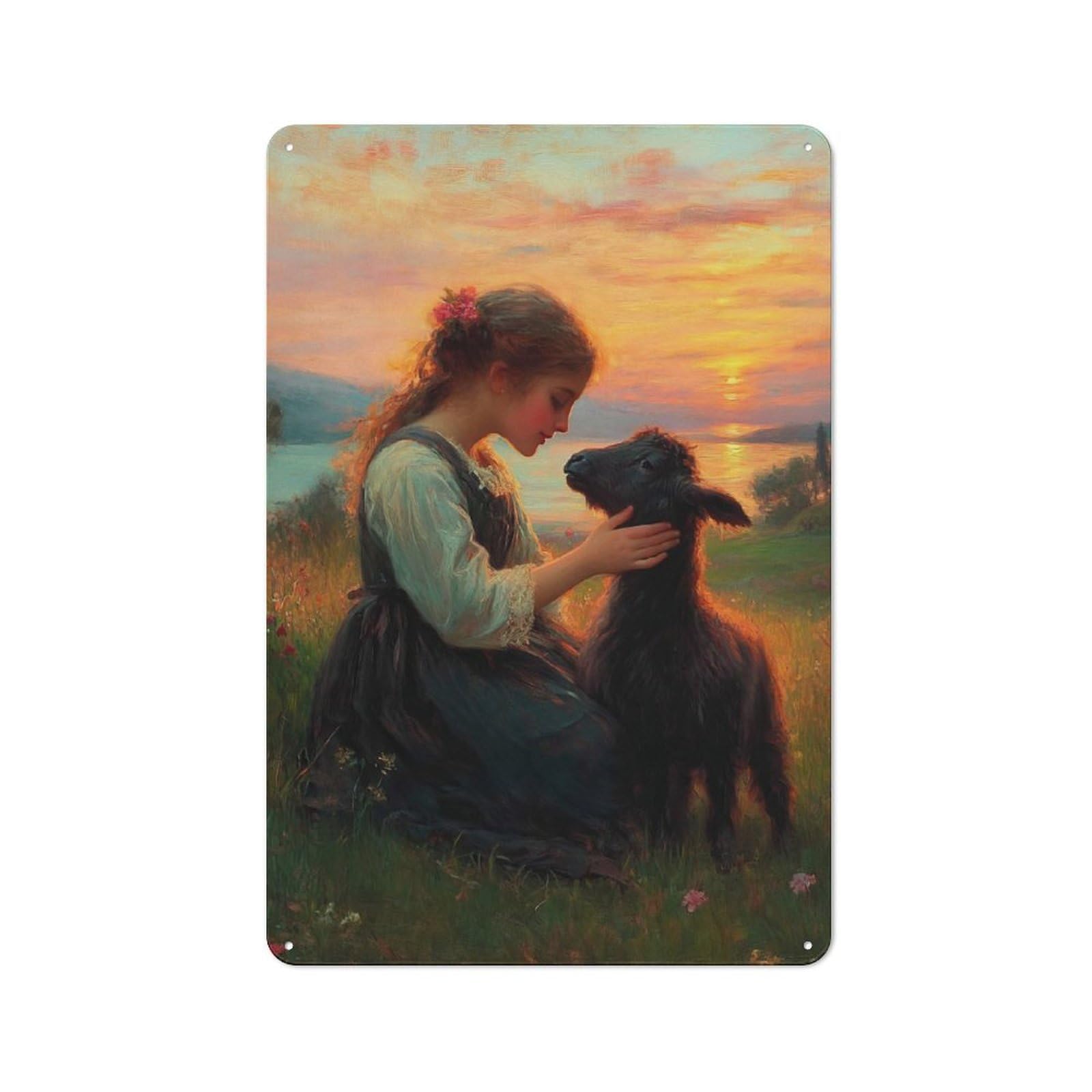 Junmoney Girls And Lamb At Sunset Rustic Tin Wall Sign 30X20cm Featuring Bistro Wall Plaque For Restaurant, Kitchen, Counter Or Breakfast Nook