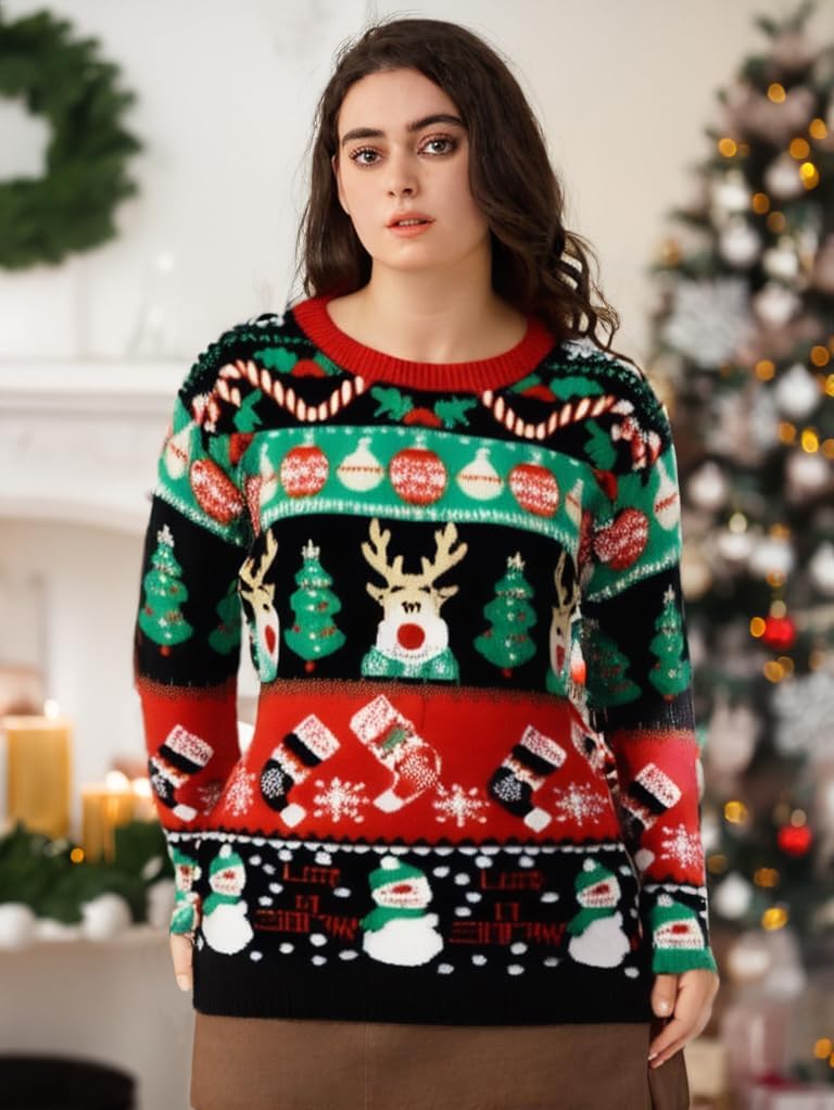v28 Ugly Christmas Sweater for Women Reindeer Funny Merry Xmas Knit Sweaters - Image 2