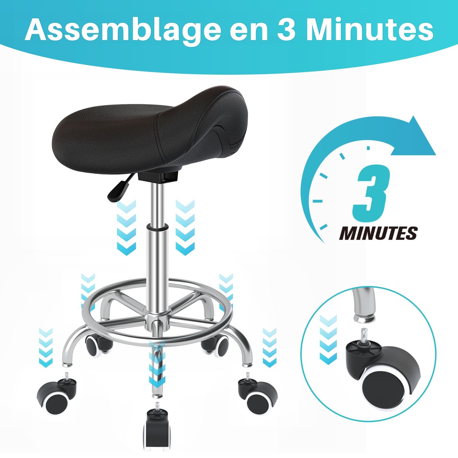 Tabouret de selle de cheval anti-mal de dos, tabouret ergonomique avec roues, tabouret esthétique réglable en hauteur de 46 à 59 cm, tabouret avec roues rembourrées pour dentiste (noir)