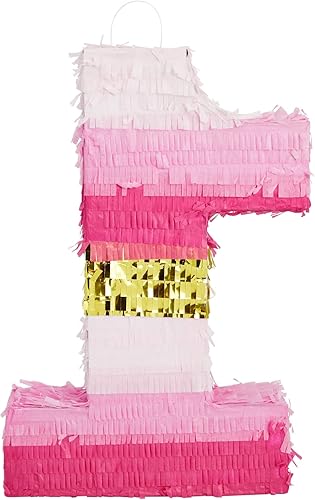 Miniatura 7 de BLUE PANDA Piñata de margarita número 1, 16.5 x 11 x 3 pulgadas, rosa y dorada, piñata de princesa de 1 año para decoración de primer cumpleaños