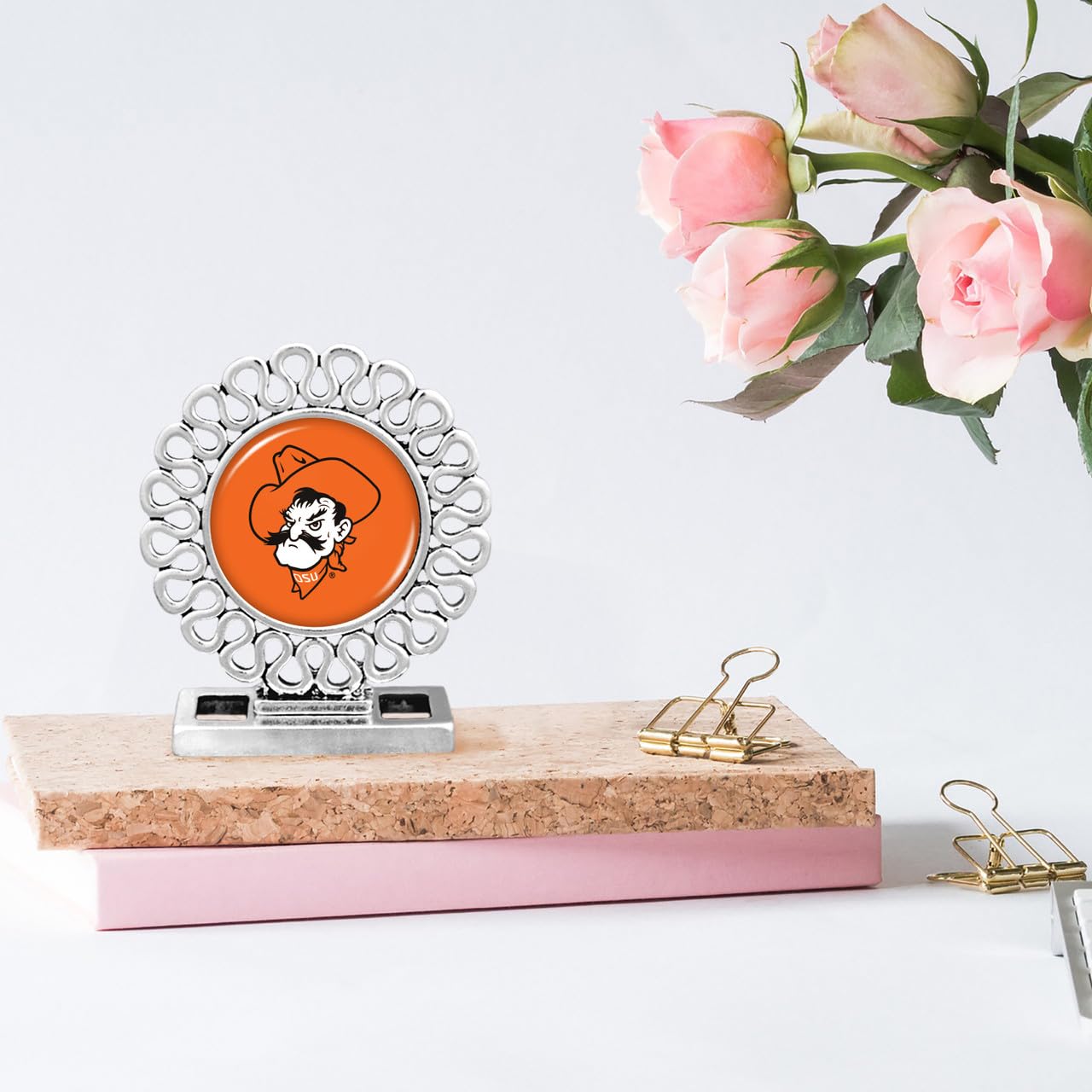 From the Heart Oklahoma State Cowboys Elegant Round Shaped Ornate Desk Decor, 2 in X 2.875 inches, Silver Officially Licensed OSU