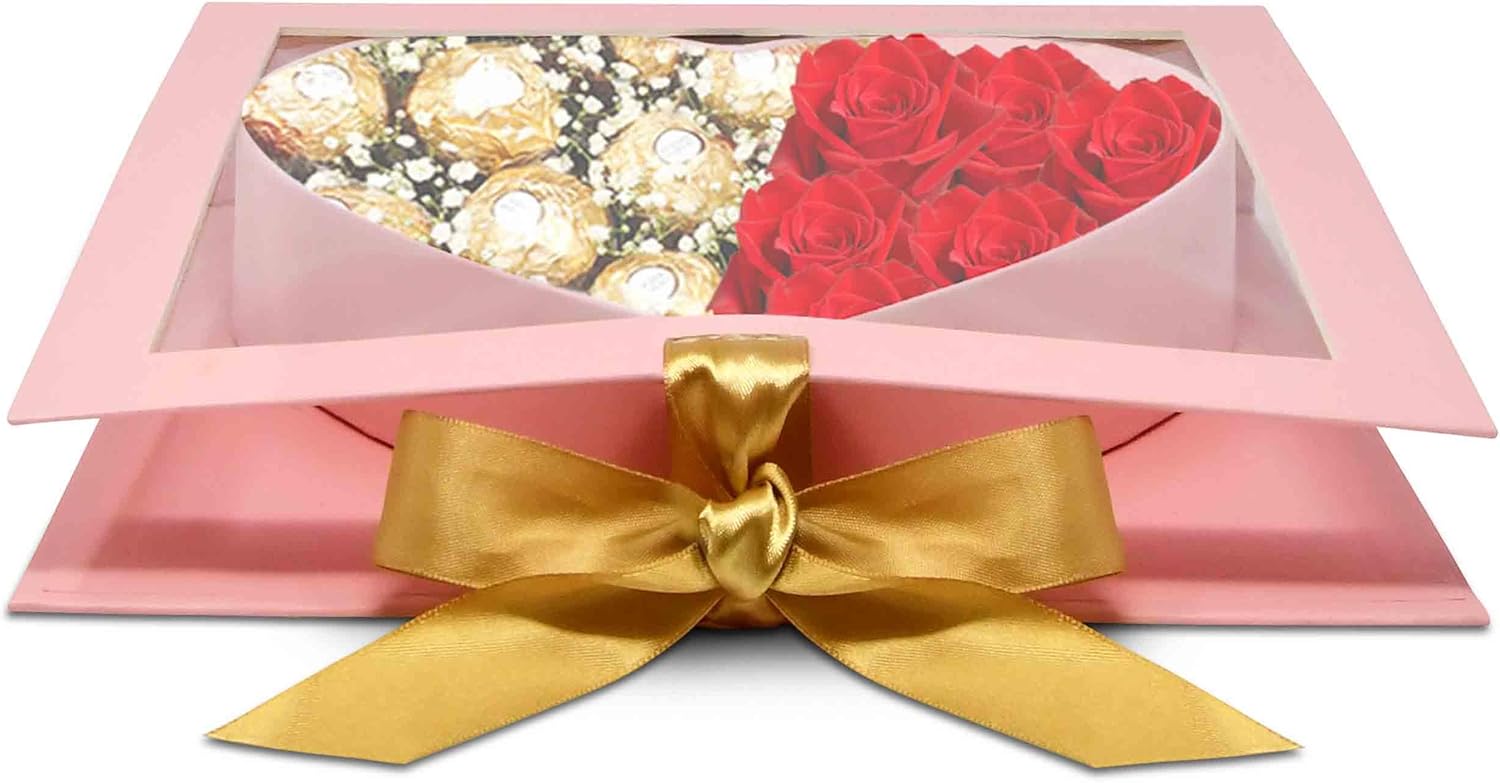Gift Boutique Valentine's Pink Heart Flower Box Gold Ribbon Clear Top Window Lid Cardboard Fillable Packaging Boxes Treat Floral Candy Chocolate Gifts - Image 6