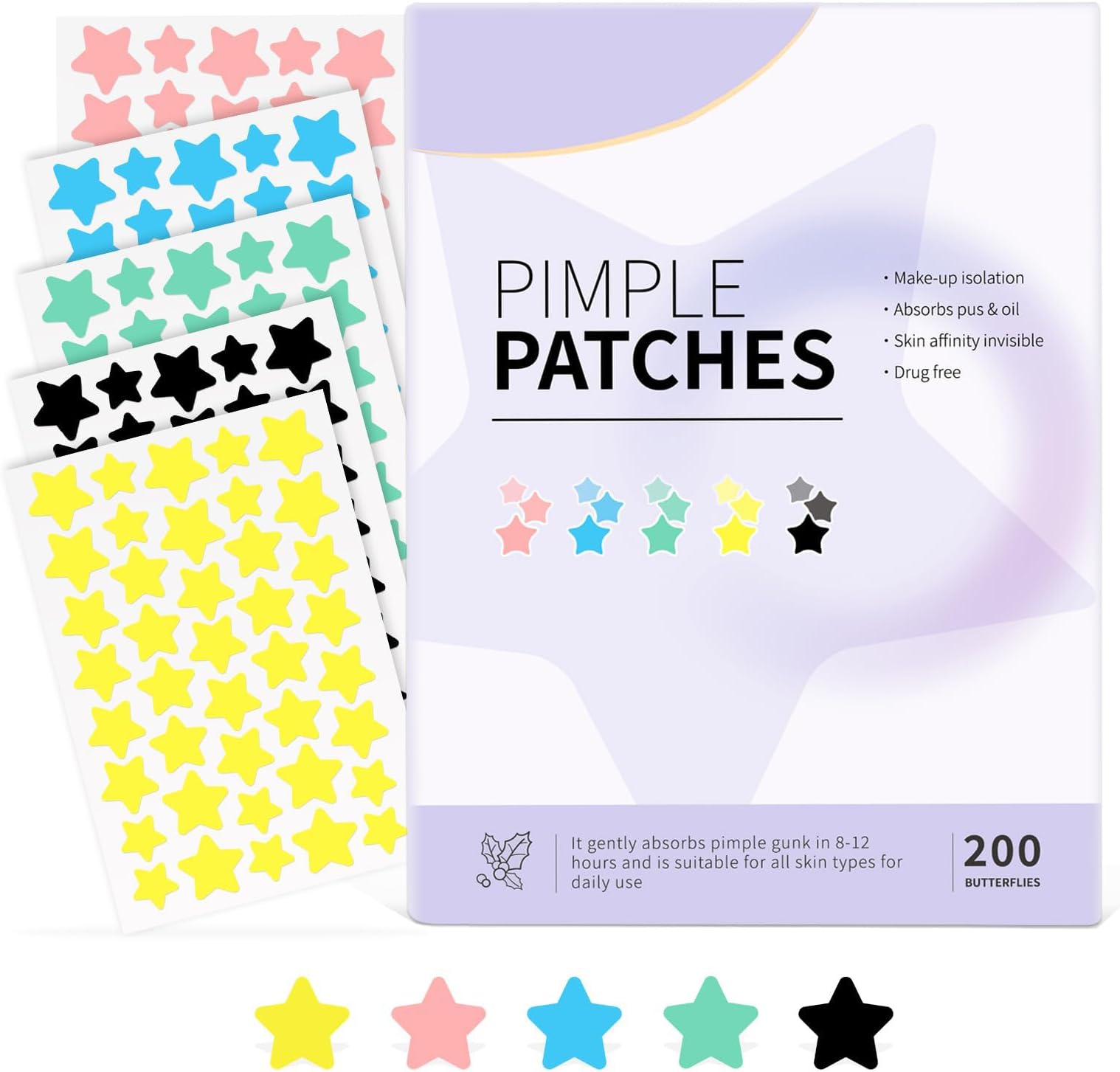 200 Pcs Pimple Patches, Colorful Star Tea Tree Oil Acne Hydrocolloid Patch For Face, Spot Patches Stickers Skin Care, Vegan & Cruelty Free, 3 Sizes 5 Colors