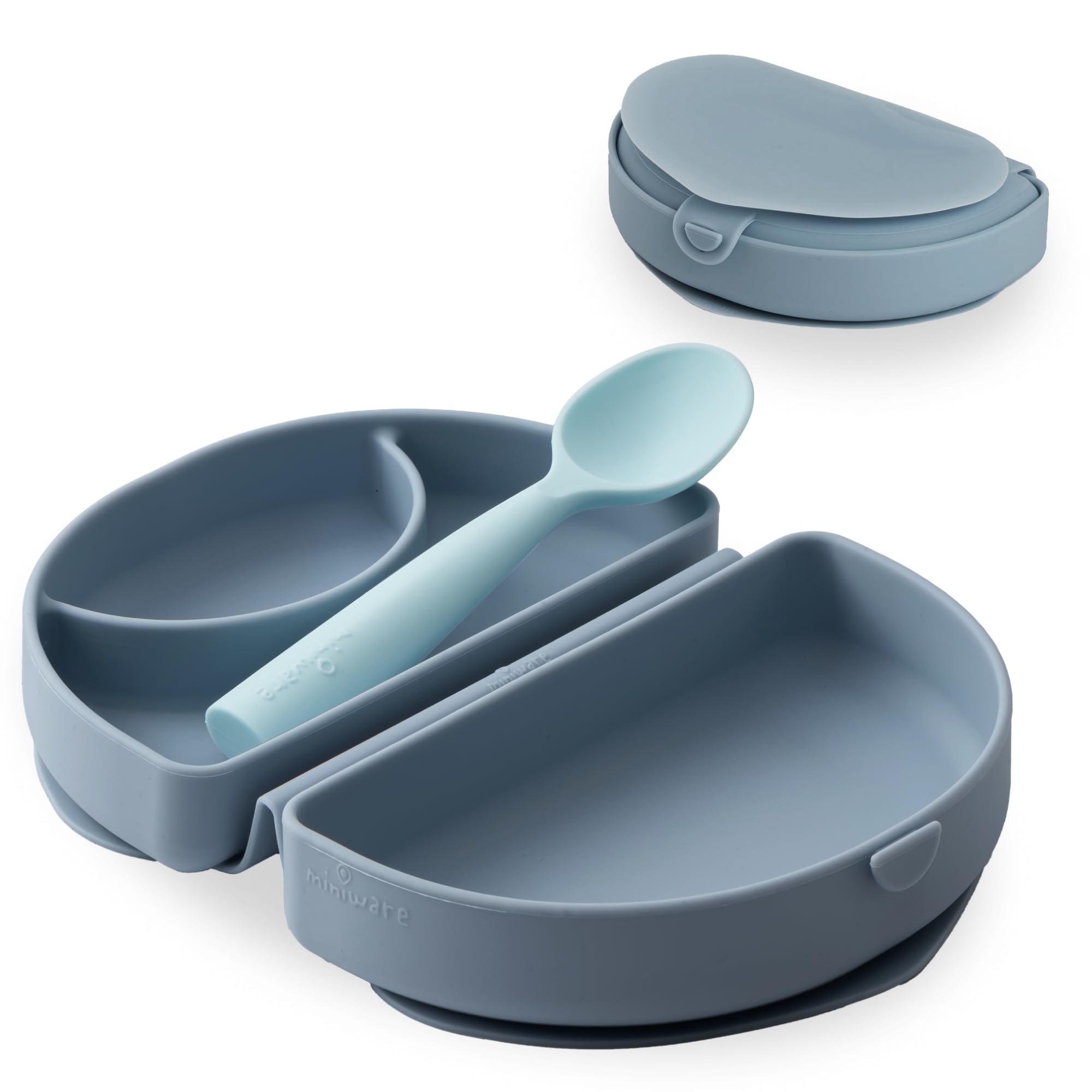 Miniware Fold & Scoop Baby Feeding Set - Silicone Travel Baby Plate with Suction & Baby Spoon - Compact, Portable, Dishwasher-Safe, Suction Base for