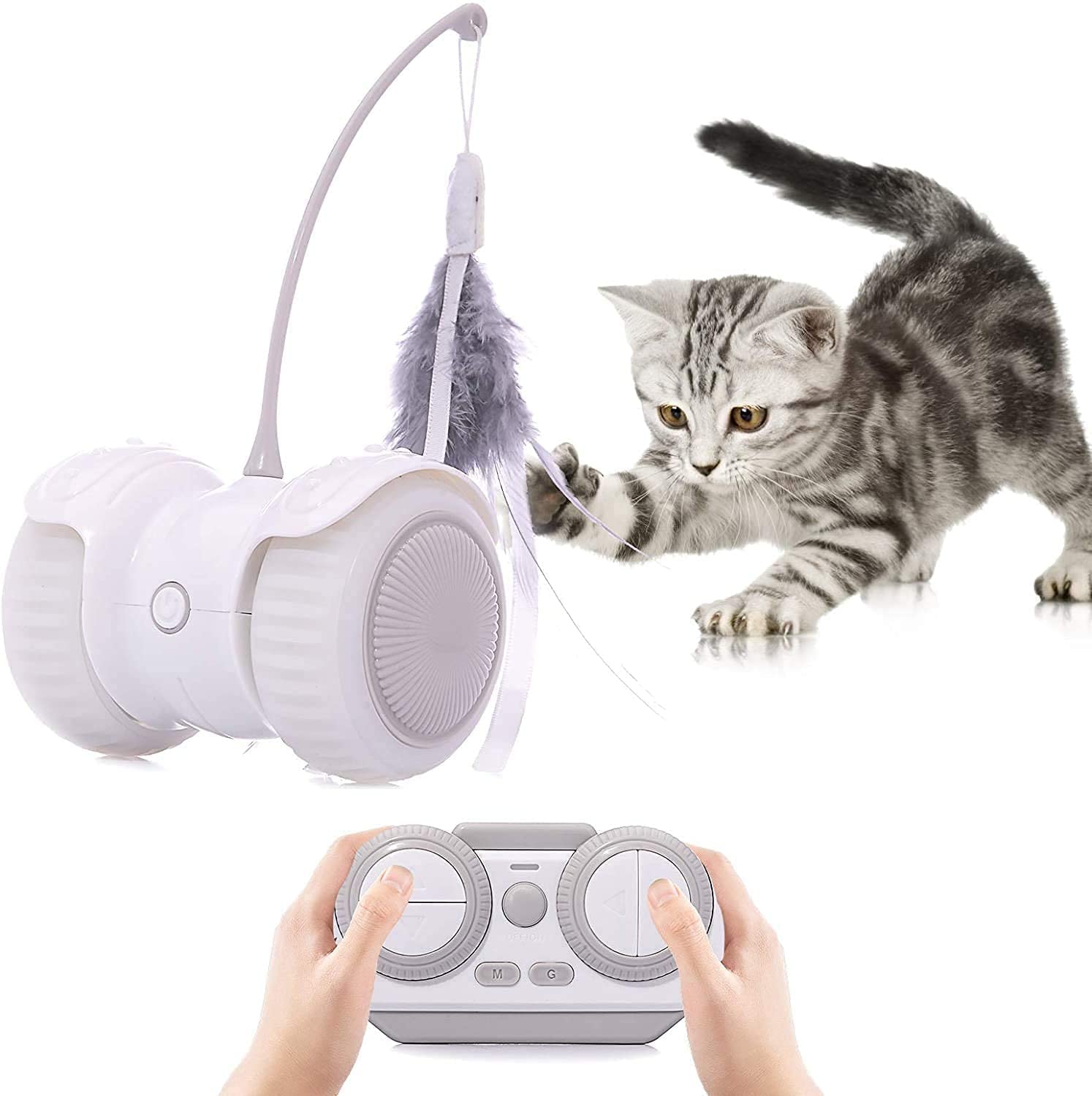 Automatic Cat Feather Toy,Interactive Cat Toys for Indoor Cats, 13 in 1 Dual Mode Automatic Robotic Cat Toy USB Charging, Colorful Lights Cat Ball Toy with 6 Feather, Bells, Electric Moving Cat Toy