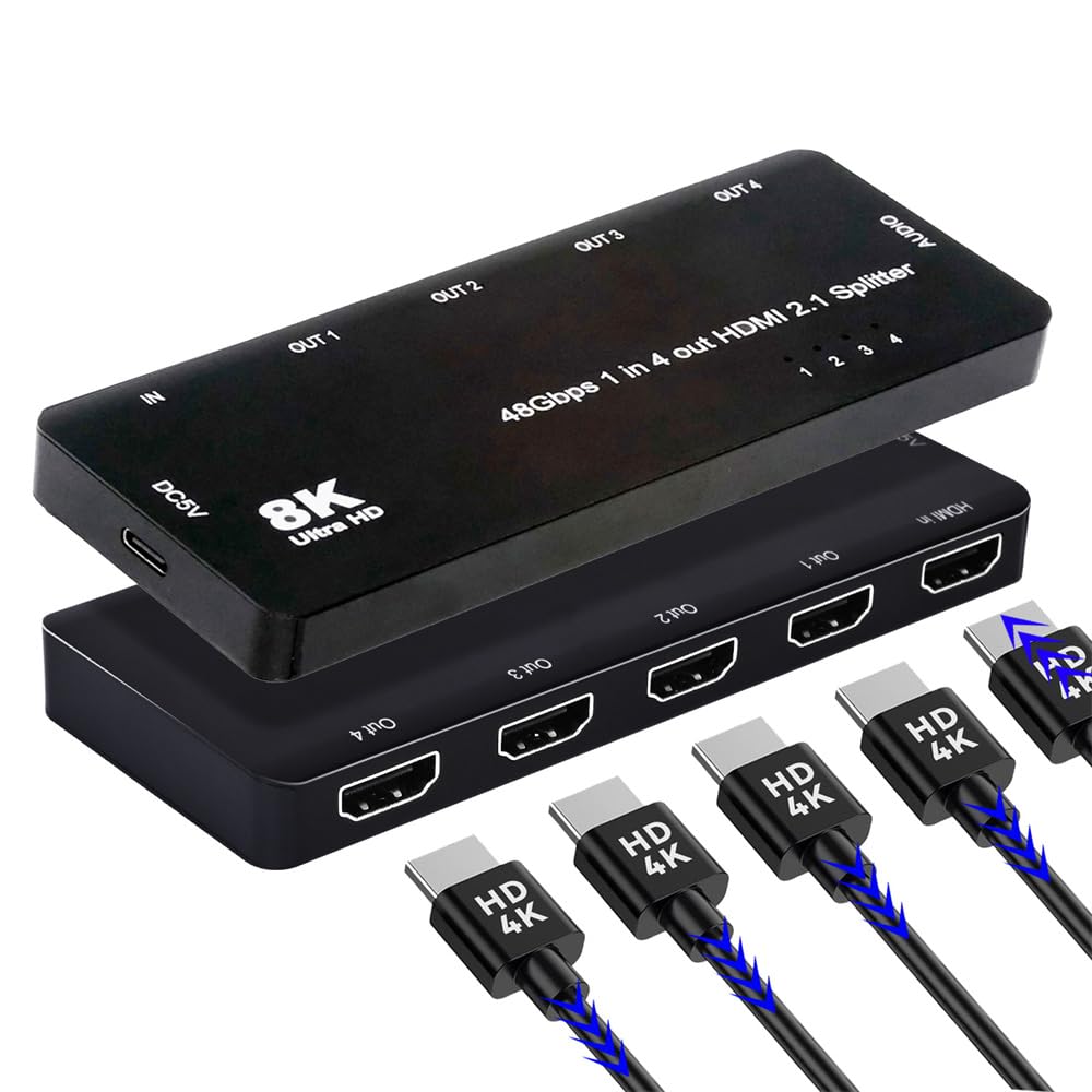xiwai Divisor HDMI 1 Entrada 4 Salidas 8K 60 Hz Ultra HD Convertidor Compatible con conmutador 2.1 1 Entrada 4 Salidas 48 Gbps UHD Hub Soporte Mirror HDCP SST Extended 4K a 120 Hz Audio de 3,5 mm