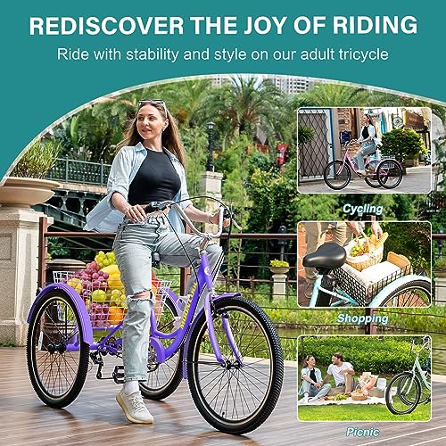 MOPHOTO Adult Tricycles Three Wheel Cruiser Bike 7 Speed, Adult Trikes 24/26 inch Wheels Low Step-Through, Three-Wheeled Bicycles for Women, Men, Seniors - Thumbnail 6
