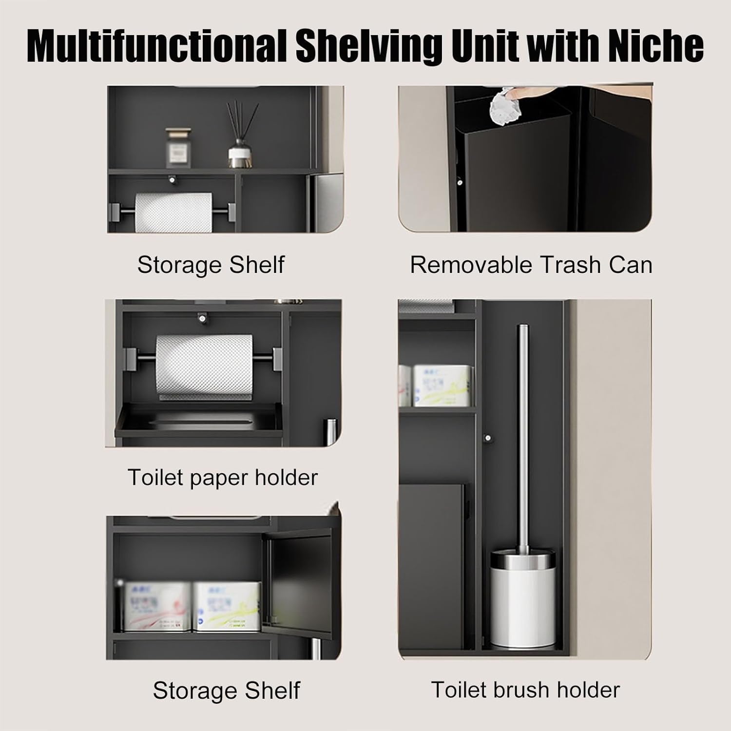 Recessed Toilet Paper Holder Shower Niche, Built-in Trash Can Rack & Toilet Brush Holders & Shelf, Bathroom Modern Space Saver 5-in-1 Toilet Module Cabinet, 304 Stainless Steel(Gray)
