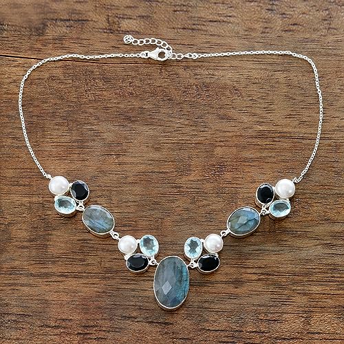 Novica Handmade Multigemstone Pendant Necklace Entrancing From India .925 Sterling Silver Onyx Cultured Freshwater Pearl Link Birthstone 'Entrancing Night' #TOP1
