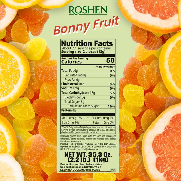 Miniatura 2 de Roshen Bonny-Fruit Jelly Candy, mezcla de cítricos, formas de naranja, pomelo y limón y lima, 7.05 oz (200 g), 25% de jugo, aproximadamente 28