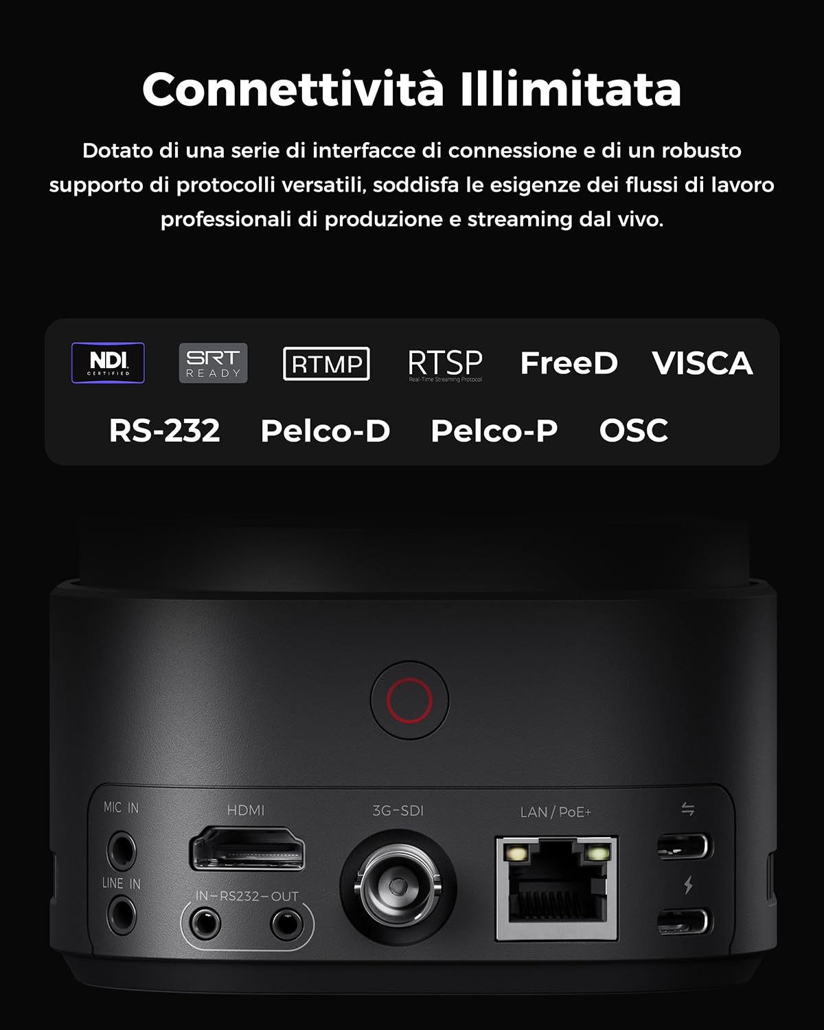 OBSBOT Tail 2 con NDI, PTZR Camera 4K@60FPS, Pro AI Tracking, 1/1.5" CMOS, 50MP, Zoom Ottico 5X, Zoom Ibrido 12X, Uscita SDI/HDMI/IP/USB 3.0, Live Streaming per Istruzione, Conferenze, Culto, Live