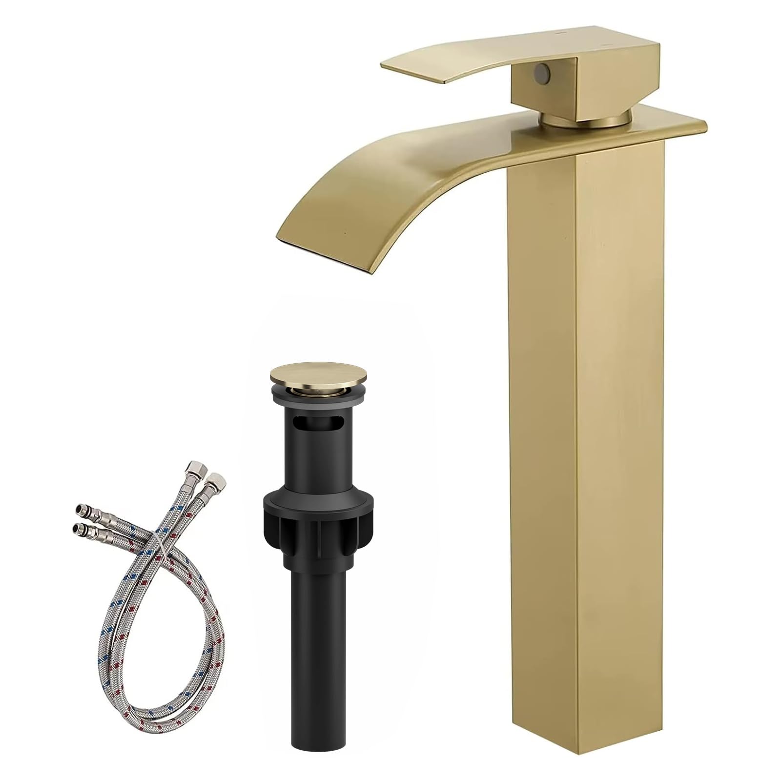 Sxithgkdw Brushed Gold Vessel Sink Faucet, Bathroom Waterfall Faucet With Pop-Up Drain And Water Lines, Brass Construction