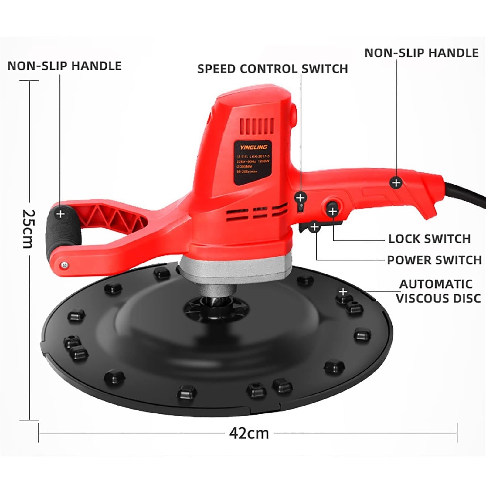 Lijadora eléctrica for alisar paredes, lijadora de mano for paneles de yeso de 1180 W, llana for mortero de cemento y hormigón de velocidad variable de 80 a 200 RPM, fuerte adherencia