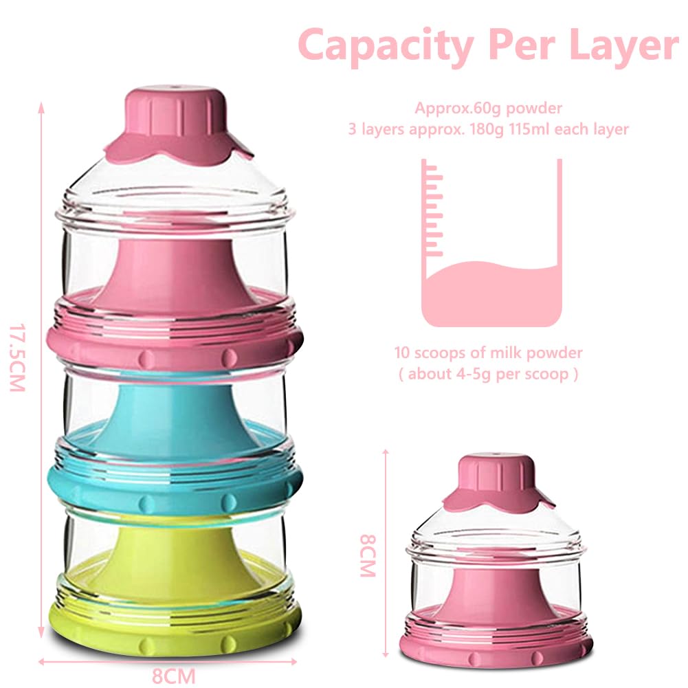 Vicloon Dosatore per Latte in Polvere, Dispenser di Latte in Polvere con 3 Scomparti, Impilabile Contenitore Spuntino e Dosalatte in Polvere per Viaggi All'aperto, Cereali, Frutta (Rosa Trasparente)