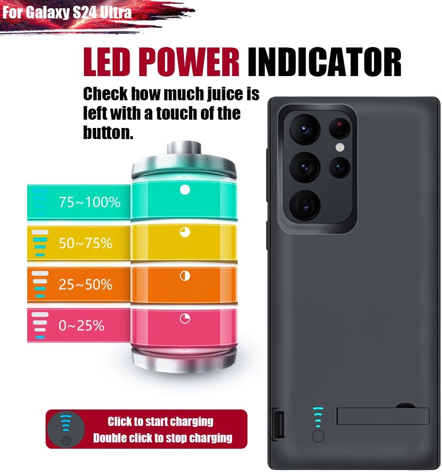 Battery Case for Samsung Galaxy S24 Ultra, 5000mAh Rechargeable Extended Battery Charging Charger Case, Add 100% Extra Juice, Not Compatible with S24 or S24+ (6.8 Inches) Black