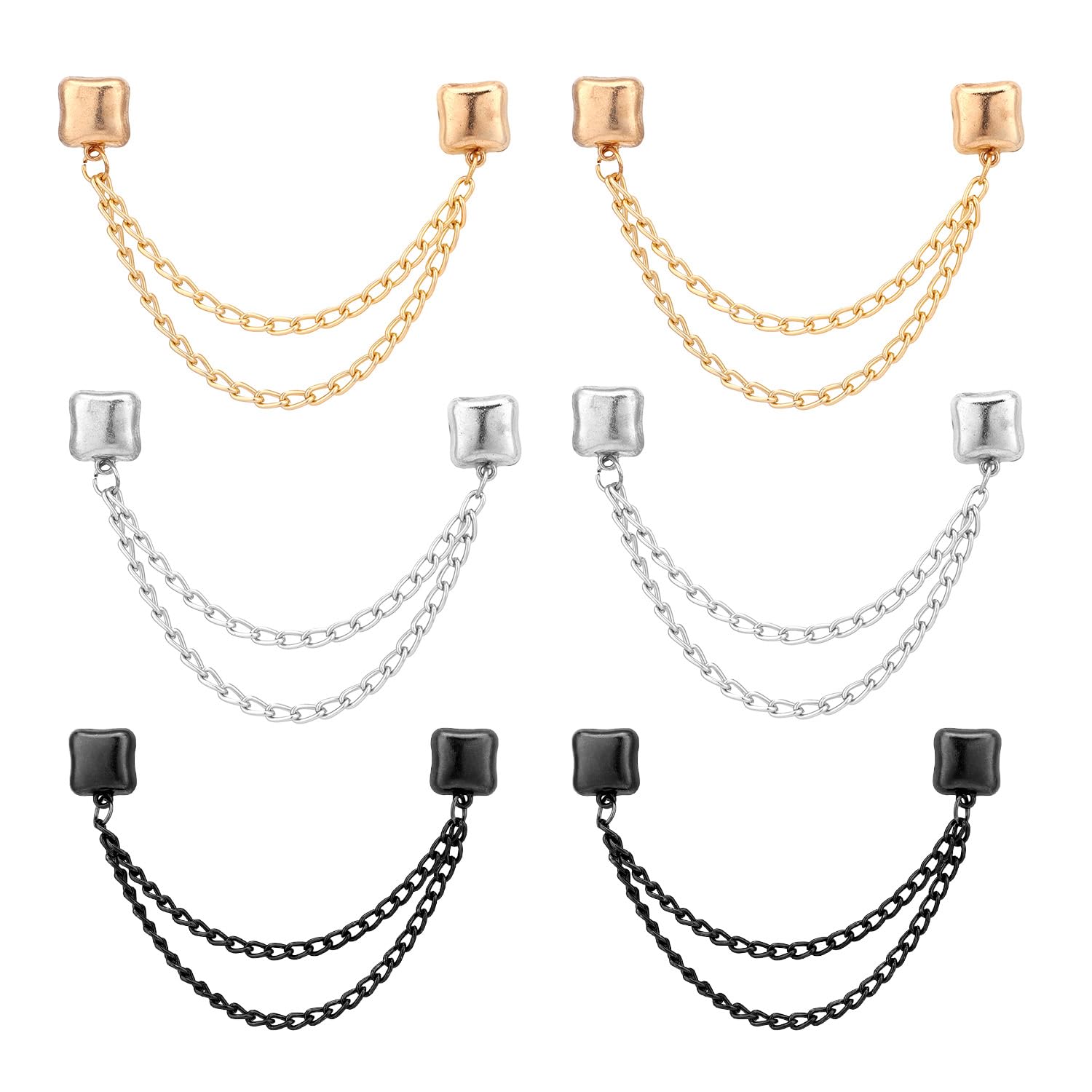 6pcs Magnet Apparel Pins, Alloy Clips with Chain for Fixing Shirts Cuff Long Pants Legs (Square), gold, silver, and gunmetal, Medium