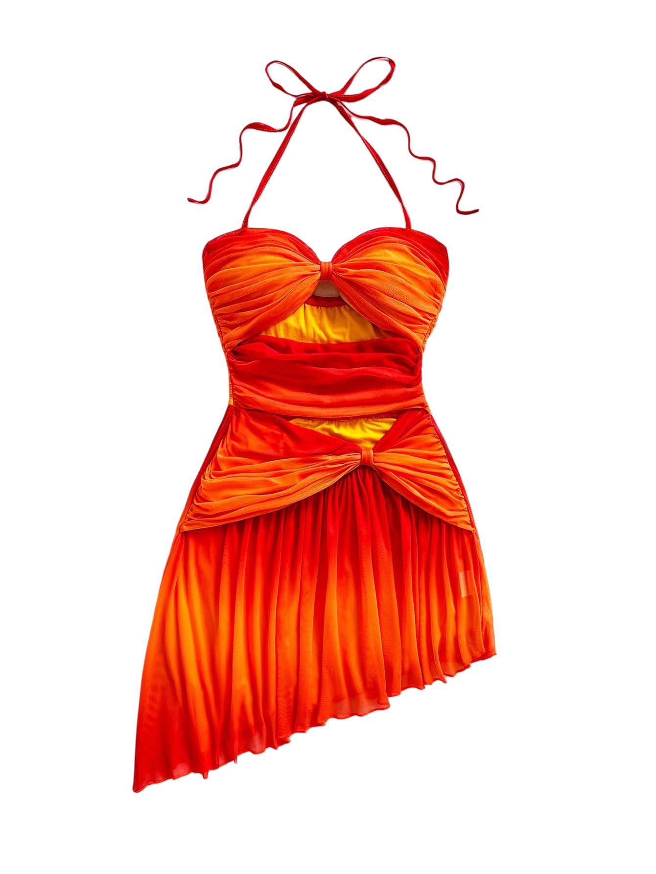 OYOANGLE Women's Ombre Halter Short Dress Cut Out Ruched Sleeveless Asymmetrical Ruffle S…
