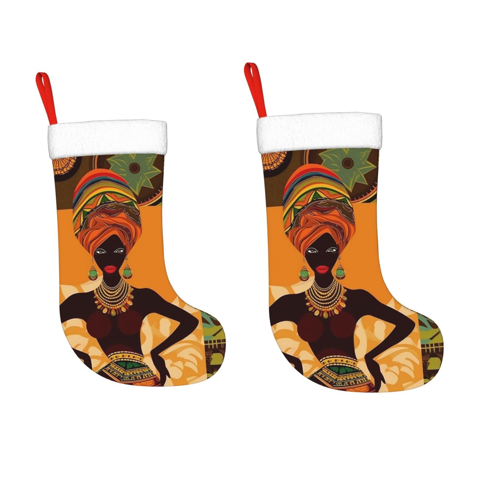 KLOPH 2 Pack 18 Inches Christmas Stockings Personalized African Woman Xmas Stocking Hanging Decoration Fireplace Stocking for Holiday Xmas Tree Christmas Fireplace Decor Gifts