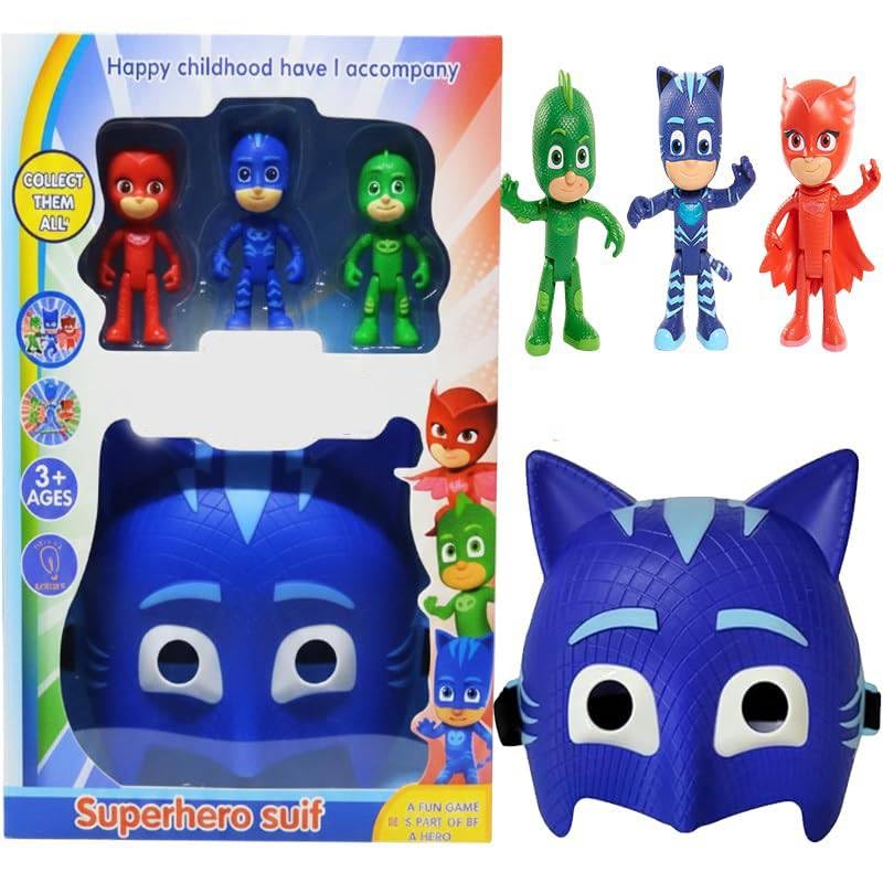 Super-Hero Cartoon Suit Toy Set, 3 Action Figures with Mask, Pretend Playset for Boys Ages 3+, PJ-Masks Theme (Blue-Night Time Heroes)