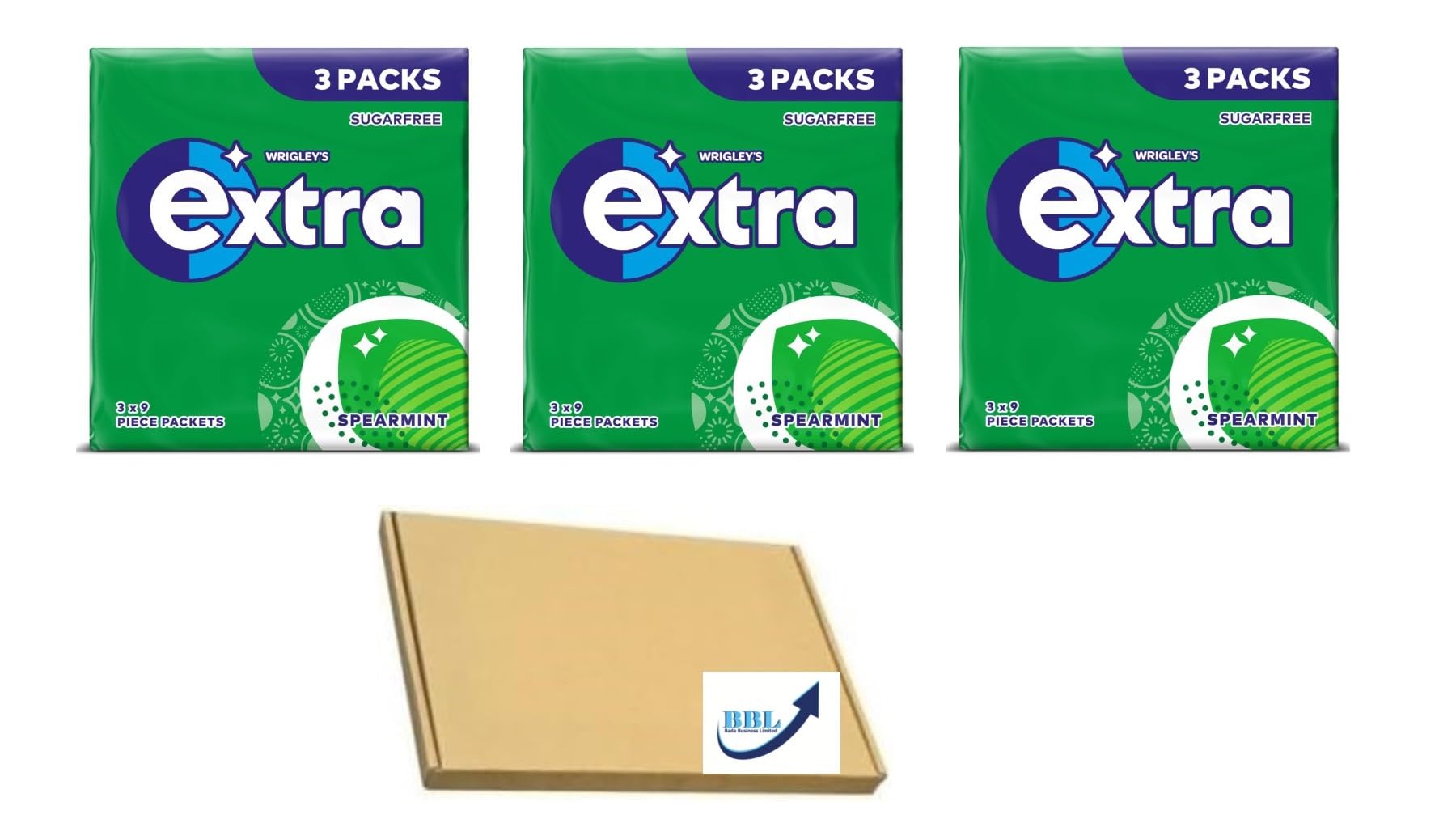 3 X 3 Packs Of Extra Sugar Free Chewing Gums | Total 9 Packs | In Peppermint, Spearmint & Strawberry Flavours | Choose Your Flavour (Spearmint)