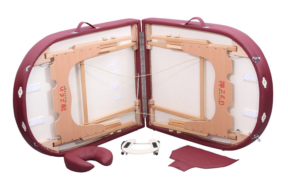 ZEN - Lettino massaggio ovale FlatTop pieghevole & regolabile - Tavolino massaggio legno massiccio angoli rotondi per massaggi attivi - Panchina massaggi con poggiatesta, braccioli e borsa (bordeaux)