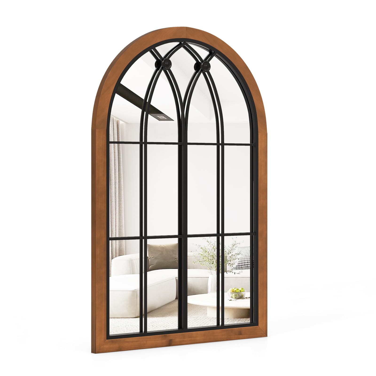 GOPLUS Lustro ścienne o wyglądzie okna, 90 x 60 cm, sklepione lustro wiszące z metalową ramą i hakami do zawieszania, lustro okienne do salonu, łazienki i korytarza, naturalne