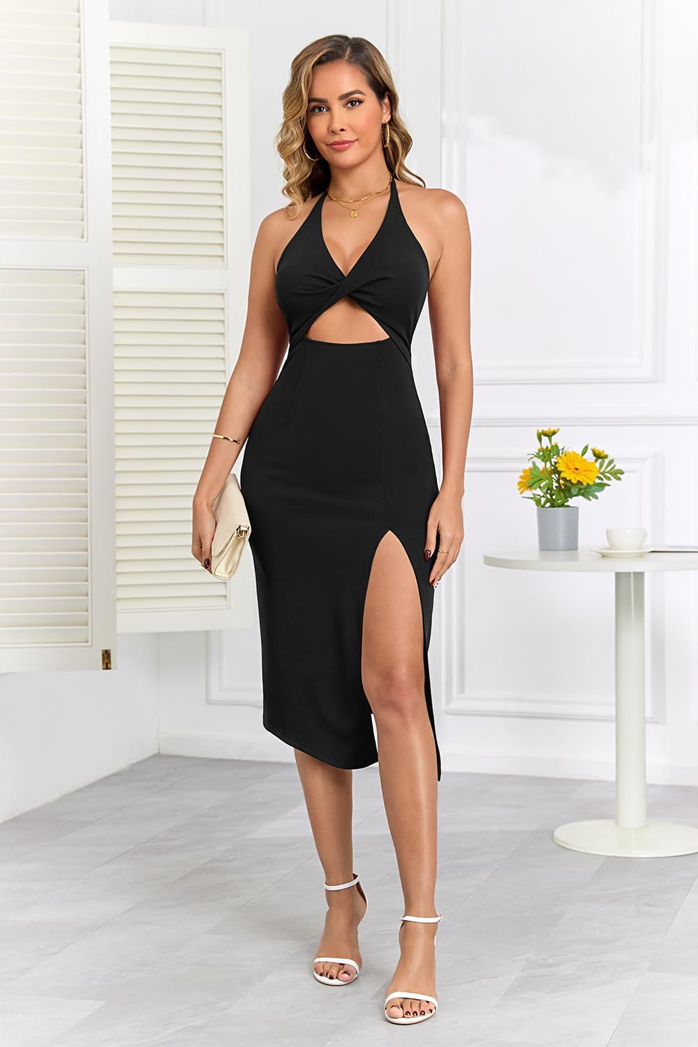 IHOT Women Sexy Halter Deep V Neck Cutout Twist Front Club Dress Summer Backless Side Slit Bodycon Midi Dresses - Image 2