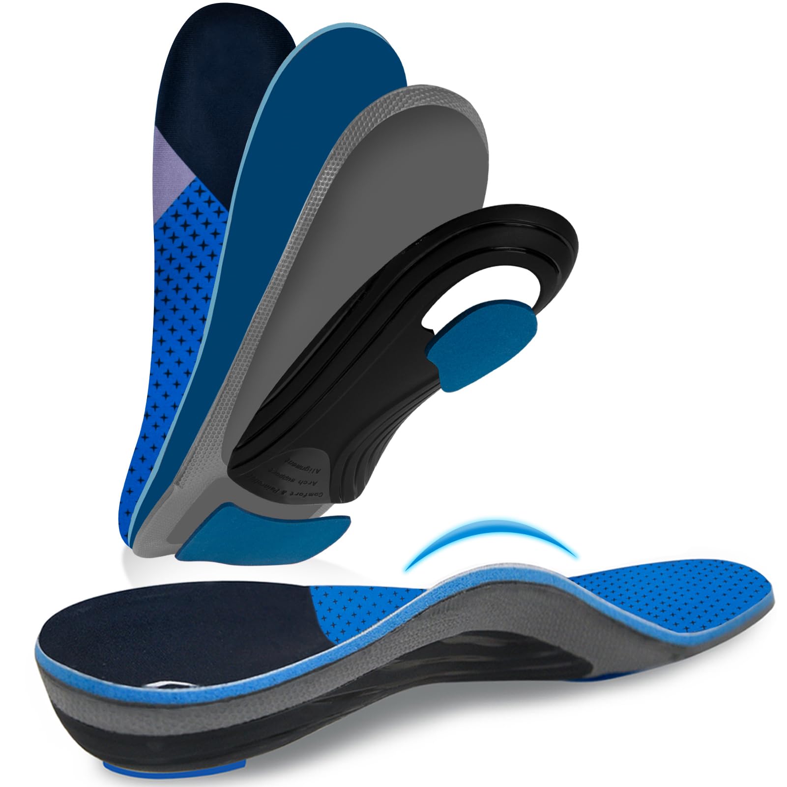 aoteng star plantar fasciitis insoles, high arch support insoles, heavy duty orthotic shoe inserts for all day walking, standing (men 7-7.5 / women 8-8.5(250mm), blue-enhanced)