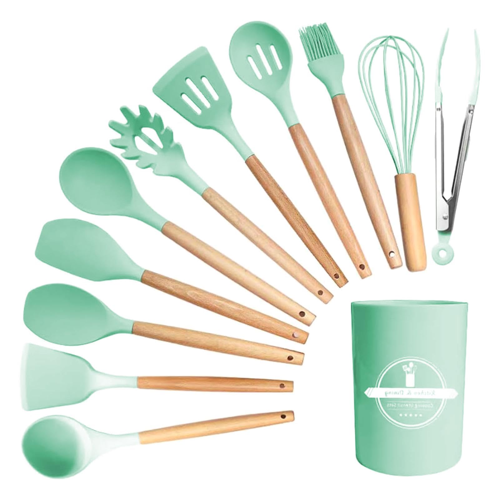 Kitchen Utensil Set, 12 PCS Silicone Cooking Utensils Set with Wooden Handle, Heat Resistant, Nonstick Cookware Tongs Spatula Spoon Set, Dishwasher Safe(Color:Green)