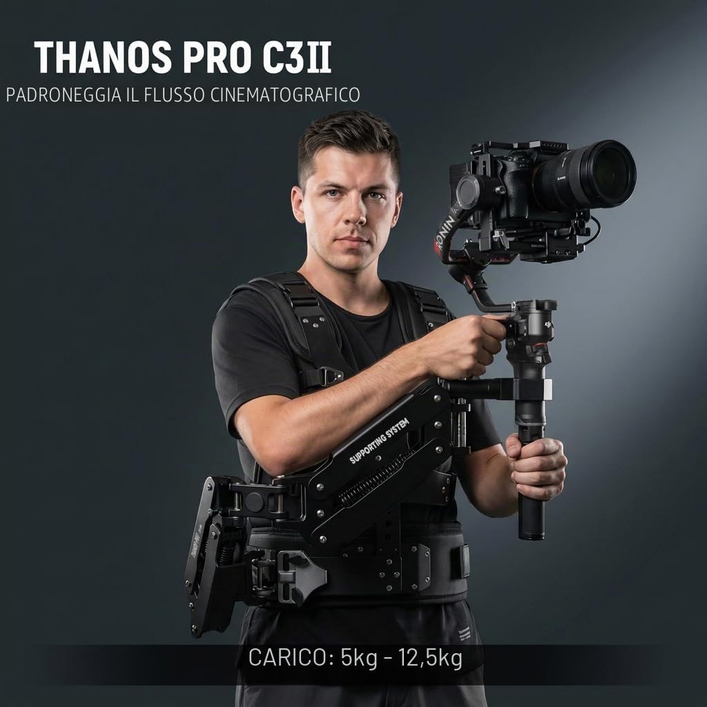 Thanos Pro C3Ⅱ Steadicam Gilet Gimbal Stabilizzatore, Braccio inclinabile regolabile, Gilet stabilizzatore Gimbal per DJI Ronin RS5 RS4 PRO,DJI RS4 Mini, RS3 Mini, RS3 PRO, RS2,etc. Payload 5–12,5 kg