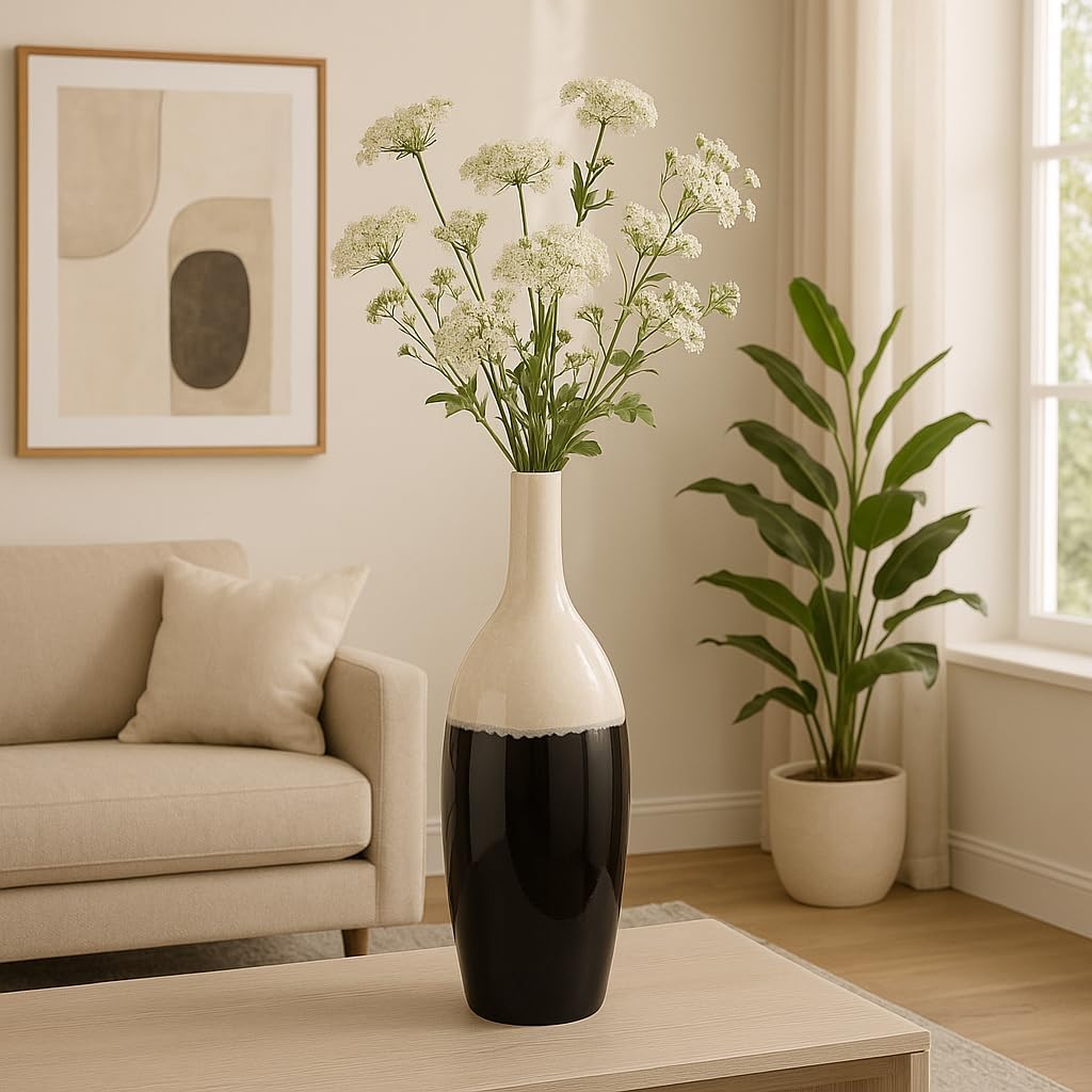 Ceramic Vase for House and Bedroom Decor– Elegant Flower Vase for Table and Room Accent – Modern Floor Piece for Living Room, Home, and Office Decor Display - 31" White & Black