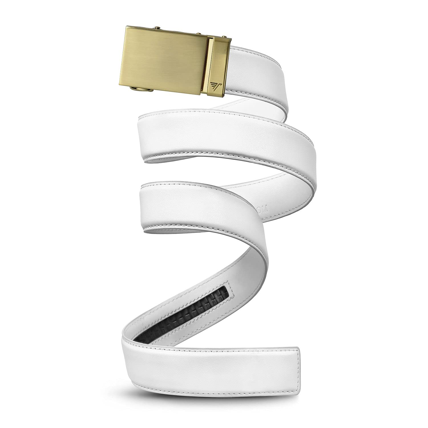 Mission Belt Men's Gold Buckle & White Leather Ratchet Leather Belt - No Holes, 40Mm, Gold Buckle/White Leather, Small (28-32)