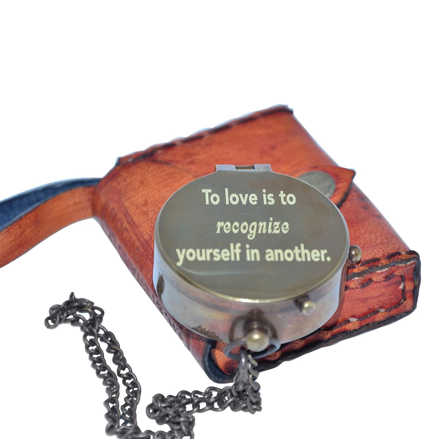 Generic Handmade Antique Brass Pocket Compass 'To Love is to Recognize Yourself in Another' 2" with Leather Case, Personalized Engraved, Magnetic North, Outdoor Hiking-picture-10