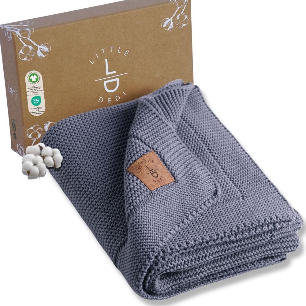 Manta de punto para bebé Little Dedi 100% algodón orgánico con certificación GOTS, con caja de regalo, suave, para cuna, cochecito, manta neutra para envolver y recibir a recién nacidos, 30 x 40 cm, gris y azul