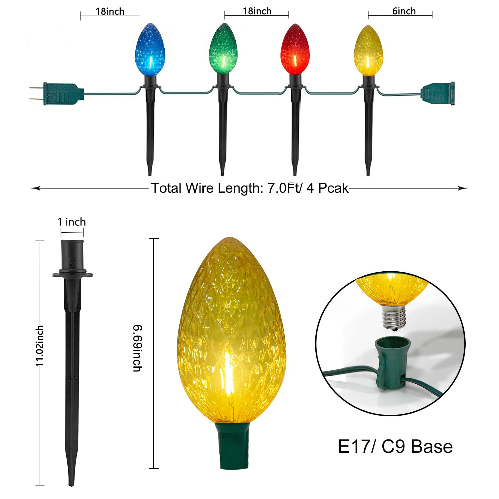Abeja C9 Multicolor Pathway Lights - 2 Pack 7ft Outdoor Christmas Walkway Markers