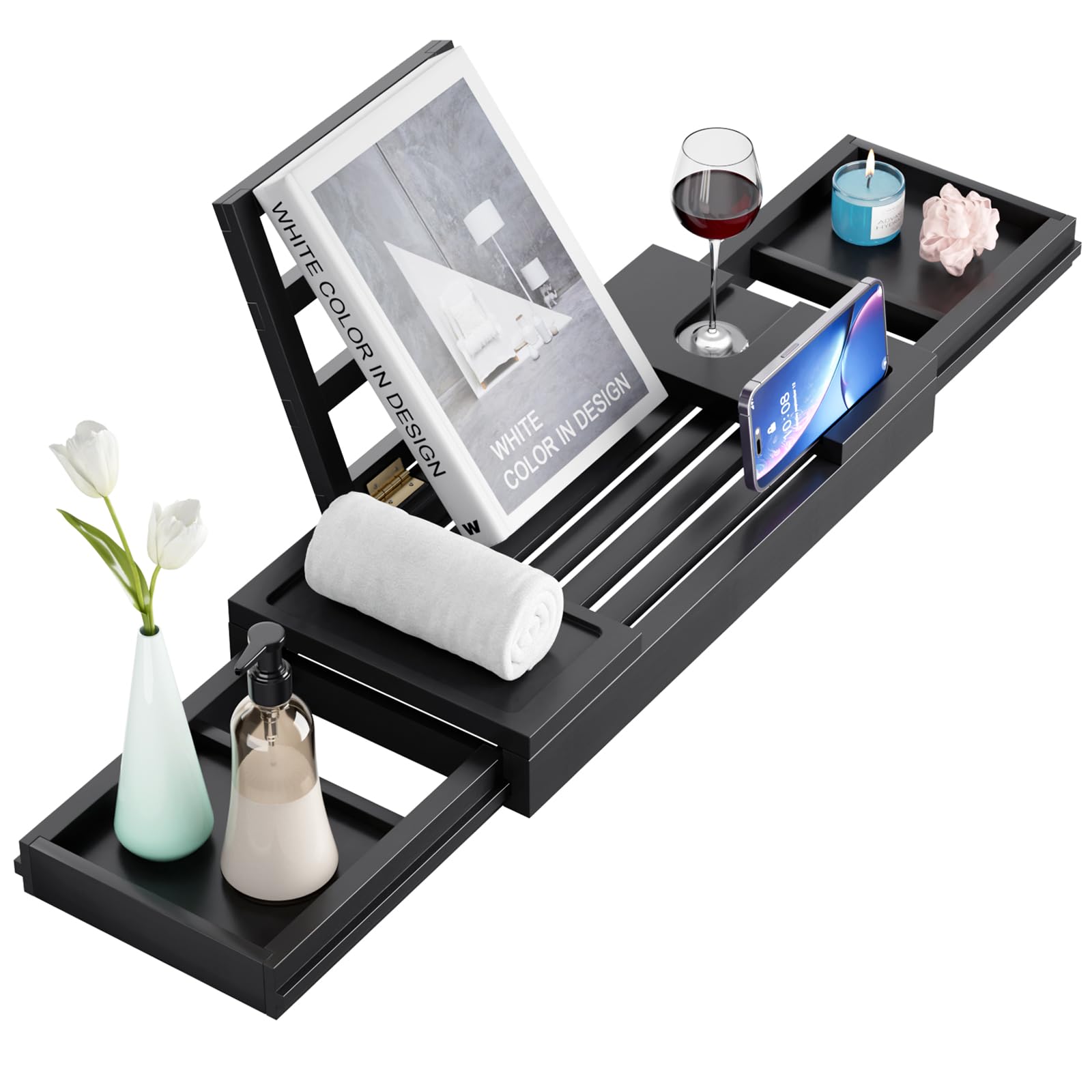 Yirilan Bamboo Bathtub Tray, Expandable Bathroom Tray, Waterproof Tray Caddy, Perfect Bath Caddy for Home Spa, Gift for Loved Ones, Black