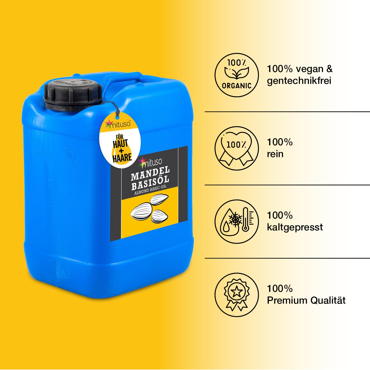 Mituso Mandel Basisöl süß, 10 Liter - vegan & gentechnikfrei | Haut- & Haarpflege, Aromatherapie, Basisöl für Massage & Naturkosmetik