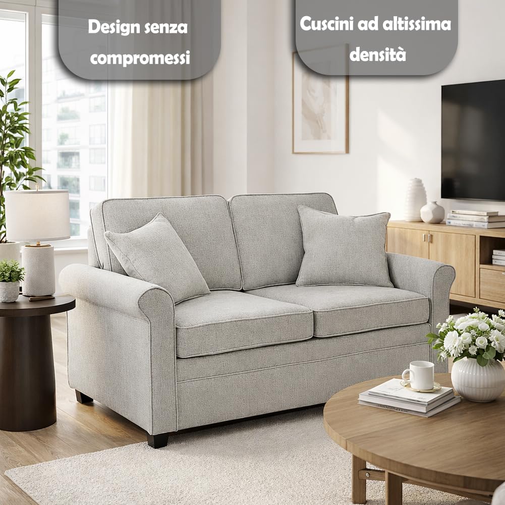Shally Dogan Divano Letto 2 Posti con Rivestimento in Tessuto Grigio e Cuscino Memory Ergonomico Apertura Facile, Divanetto Apribile con Cuscini Imbottitura Alta Densità, 142.5 x 77 x 86 cm (Grigio)