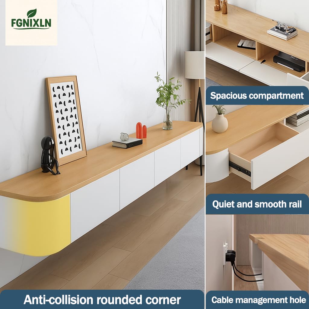 TV Lowboard Hängend,120-300 cm Moderner TV Schrank Fernsehschrank für das Wohnzimmer Geeignet für das Wohnzimmer und Schlafzimmer (Weiß/Holz,220CM)