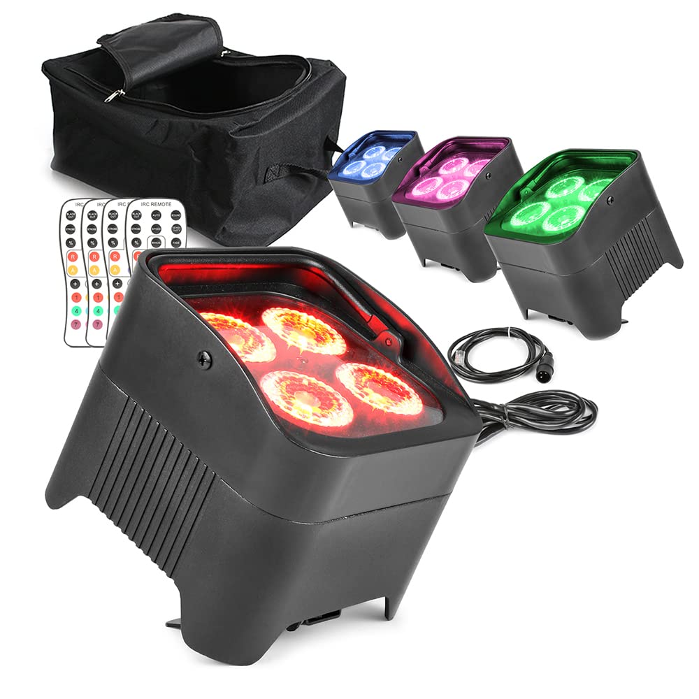 Beamz Black Bbp94 Wireless Battery Uplighters Set - 4X Rgbaw-Uv Led Par Lights, Soft Carry Bag Included - Dmx Wireless Lighting Kit For Weddings, Events, Djs, Wall Wash & Stage Lighting Effects