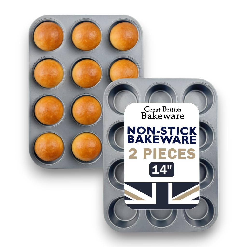Samuel Groves Grey Great British Bakeware 2 Set 14" (36Cm) Superior Double Coated Non-Stick Muffin Fairy Cake Tin Tray, Cupcake, Muffin, Mince Pie Tray, Pfoa & Bpa Free Cookware, Made In England
