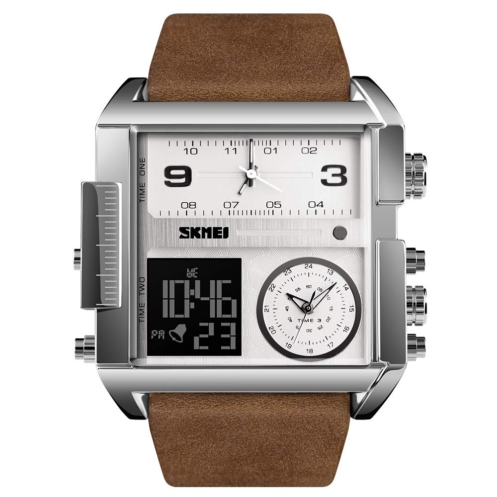 SKMEI Leather Mens Square Watch, Led Backlight Large Screen Multi-Time Zone Mens Watch, Waterproof Analog Mens Digital Sports Watch-1391, Dial Color-Silver, Band Color-Brown (B0CCG32T7R) Amazon Price History, Amazon Price Tracker
