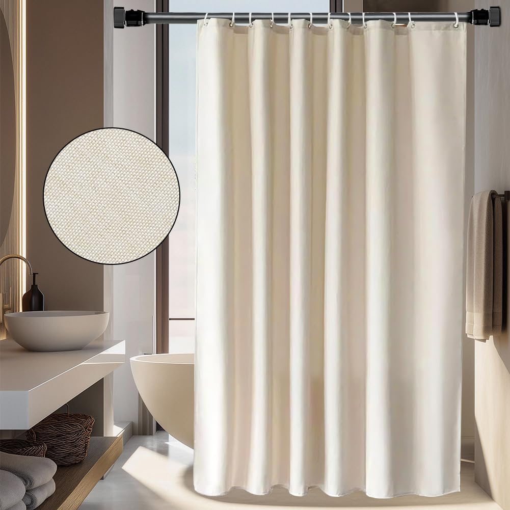 Tenda da doccia in lino 180x200 cm Beige chiaro, lavabile in lavatrice, tenda da bagno in tessuto lavabile antimuffa con 12 anelli