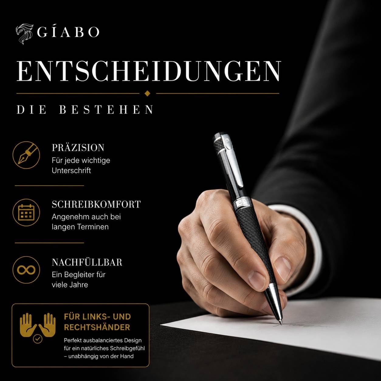 Gíabo Kugelschreiber hochwertig mit PU-Leder-Schaft und Chrome-Details | Schwarz schreibend | Edelstahl- und Messing-Mischung | Präzise Mine | Eleganter Business-Stift für Büro und besondere Anlässe