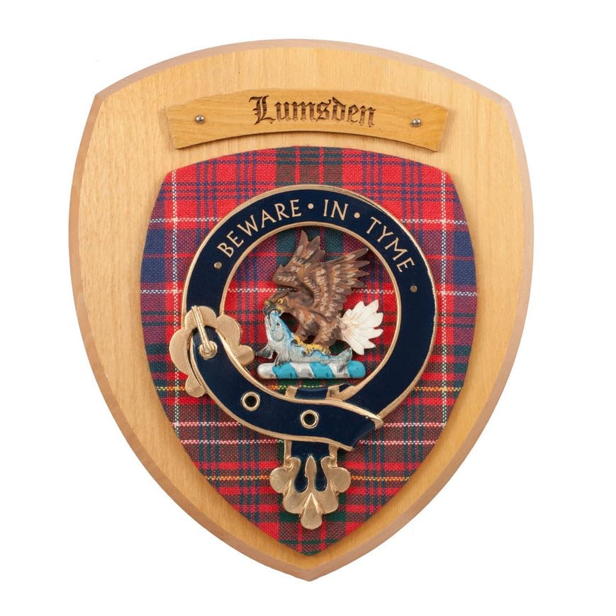 Scottish Clan Crest Wall Plaque - Chestnut Wood and Tartan Background, Crest & Motto - Home Decor Gift for Men & Women - Handmade in Scotland - Lumsden Clan