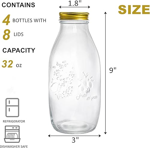 Miniatura 2 de ZOOFOX Paquete de 4 botellas de leche de vidrio de 32 onzas con tapas, recipiente de leche vintage para refrigerador, botellas de jugo de vidrio,