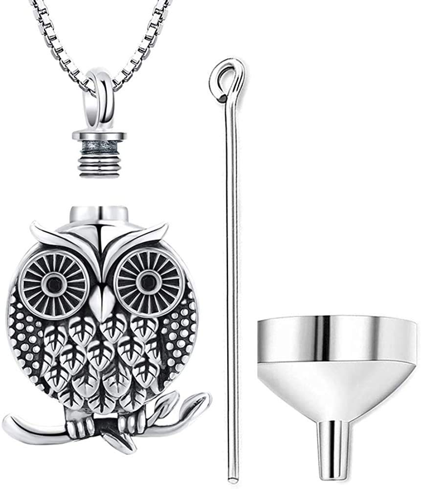 Cremation Jewelry Sterling Sliver/Urn Owl Charm Necklace for Dog Ashes/Urn Locket Owl Pendant Necklace for Women/Waterproof Memorial Ashes Keepsake Jewelry Urns Gifts(with Fill Kit and Gift Box)