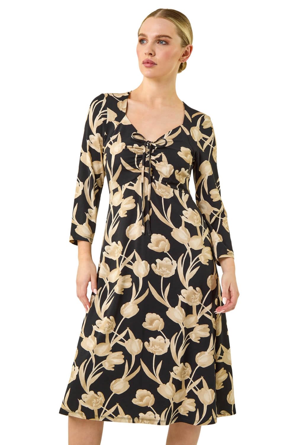 Roman Women's Black Petite Floral Gathered Stretch Midi Dress In | : Size 18