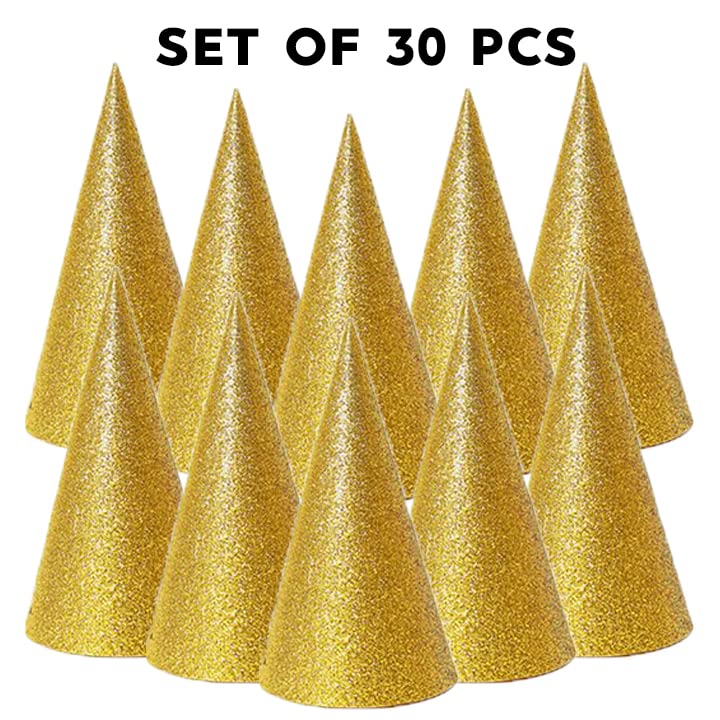 Image of Festiko Gold Glitter Cone Party Hats (30 Pcs), Theme Birthday Supplies, Return Gifts for Kids, Gift Accessories, Party Items, Paper Cone Party Hats /Cap, Party wearables