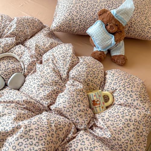 Image of VM VOUGEMARKET Leopard Duvet Cover Set Queen,Nude Beige Pink,Muslin Cotton
